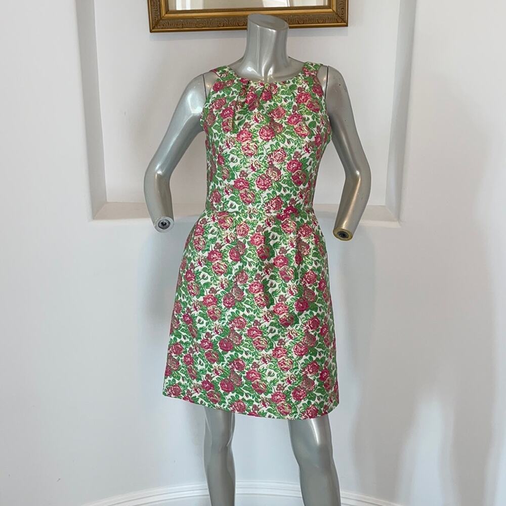 Louche Sleeveless Fit & Flare Jacquard Green Pink Floral Mini Dress Size 12
